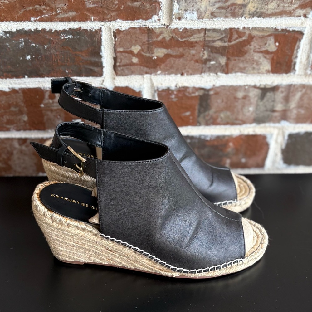 KG Kurt Geiger Nelly Black Leather Espadrille Wedge Sandals Size EU 41